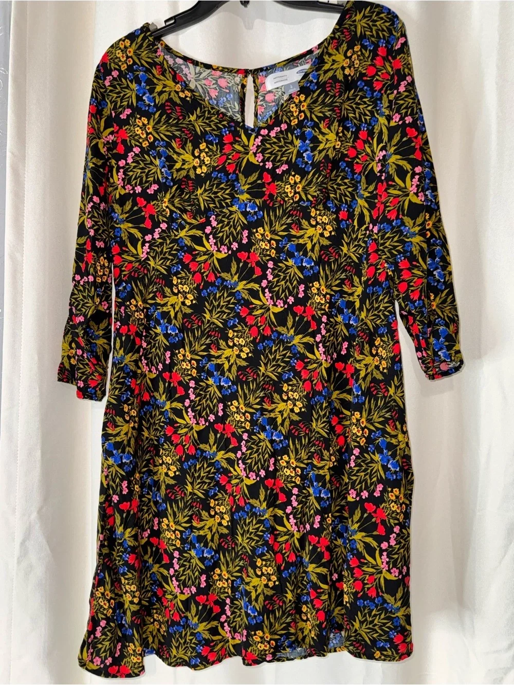 Maternity Old Navy Black Floral A-Line Dress with Red, Blue & Yellow Accents